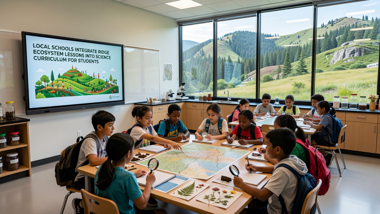 Group of students conducting a water sampling activity near the ridge as part of their science lessons