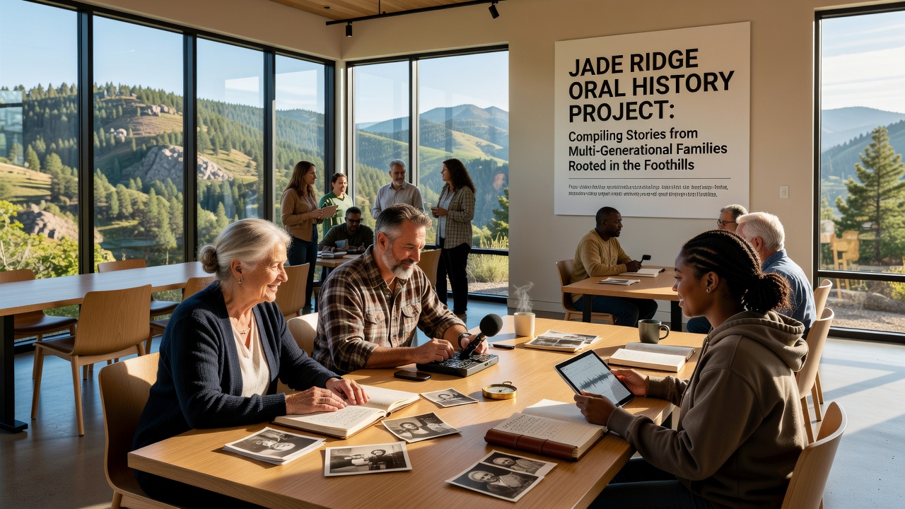 Volunteers reviewing transcribed oral history recordings at a community center in the Jade Ridge area