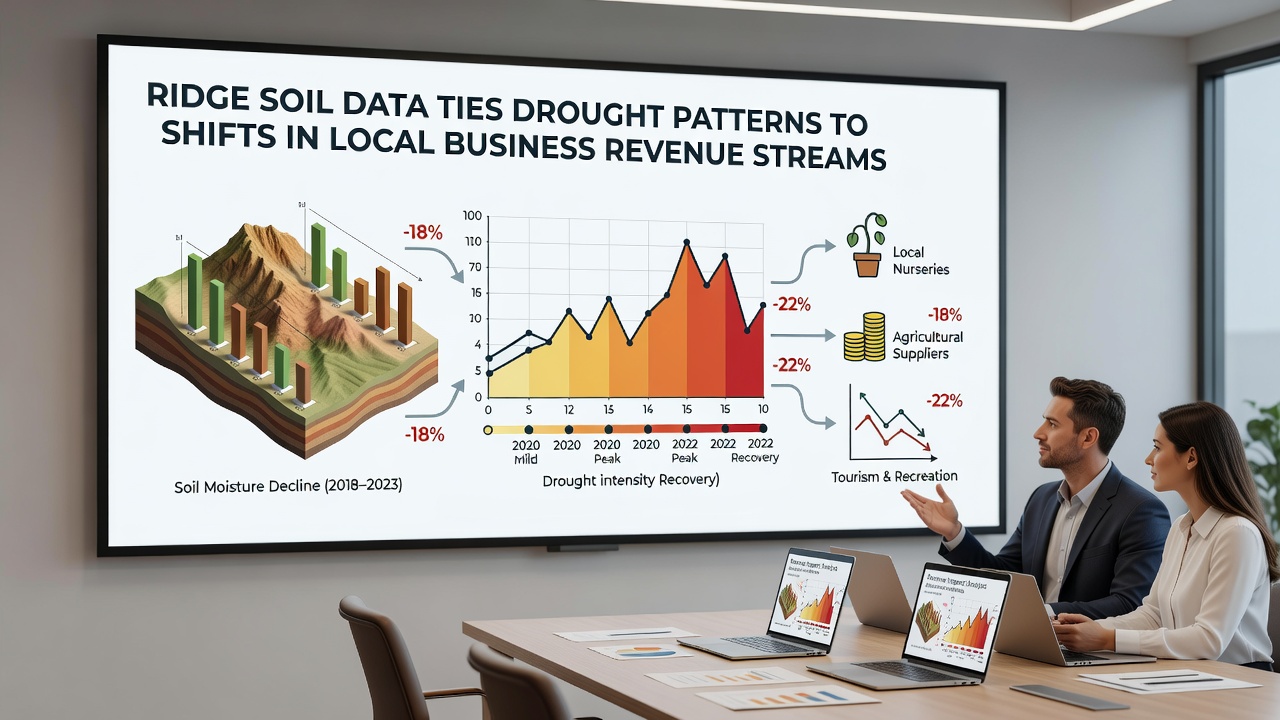 Chart displaying correlation between ridge soil moisture readings and quarterly revenue changes for local enterprises